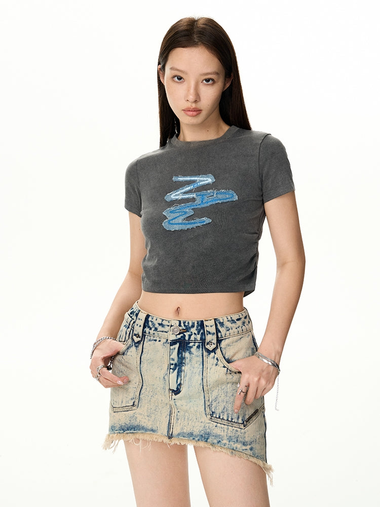 Tassel Faded Denim Asymmetry Micro-Mini Skirt