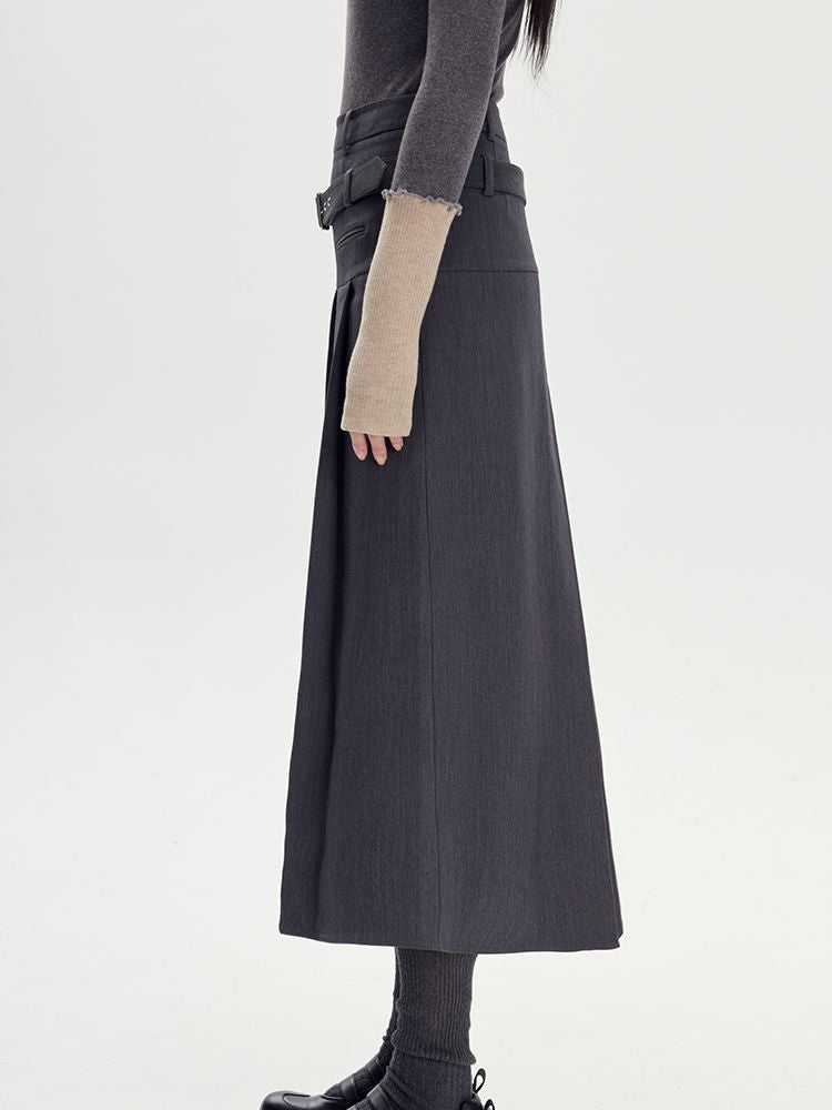 Long Box-Pleats Plain Skirt