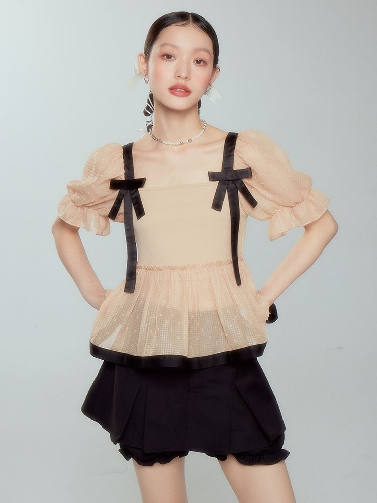 Ribbon Sheer Peplum Candy-sleeve Blouse