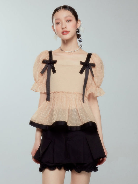 Ribbon Sheer Peplum Candy-sleeve Blouse