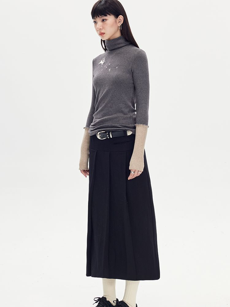 Long Box-Pleats Plain Skirt