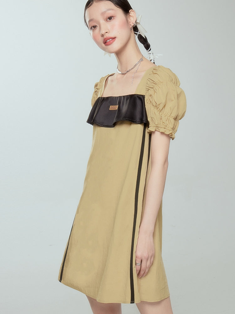 Puff-sleeve Crumply Bi-color Retro One-piece