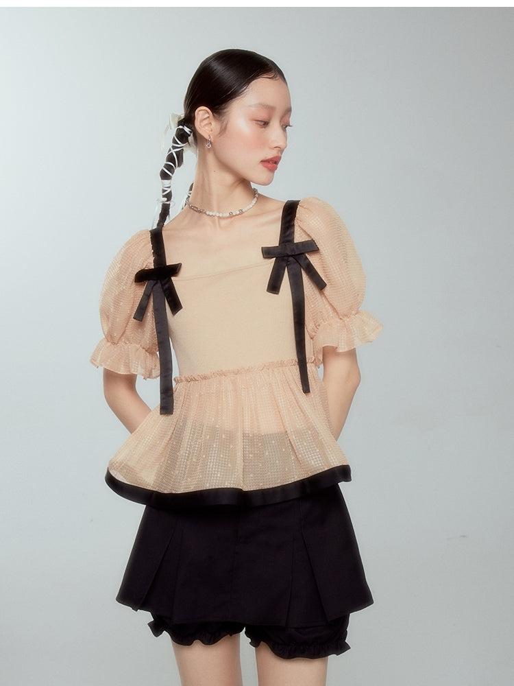 Ribbon Sheer Peplum Candy-sleeve Blouse