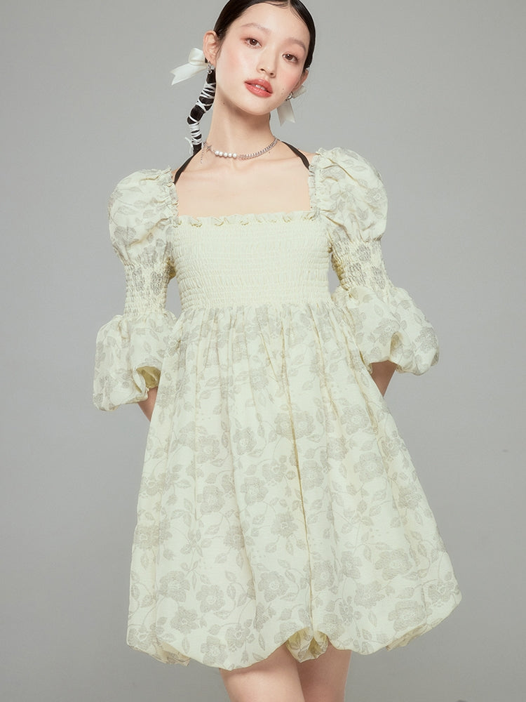 Balloon Flower Princess Puff-sleeves  Gather Retro One-piece