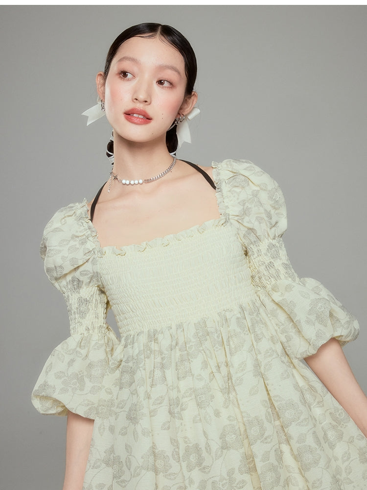 Balloon Flower Princess Puff-sleeves  Gather Retro One-piece