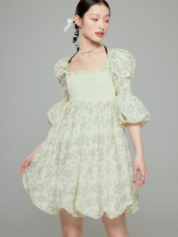 Balloon Flower Princess Puff-sleeves  Gather Retro One-piece