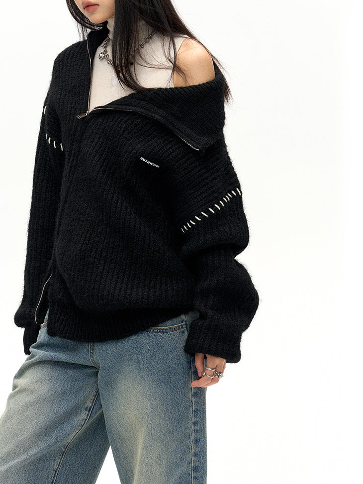 Slant ZIP-Up High Neck Knitted Jacket