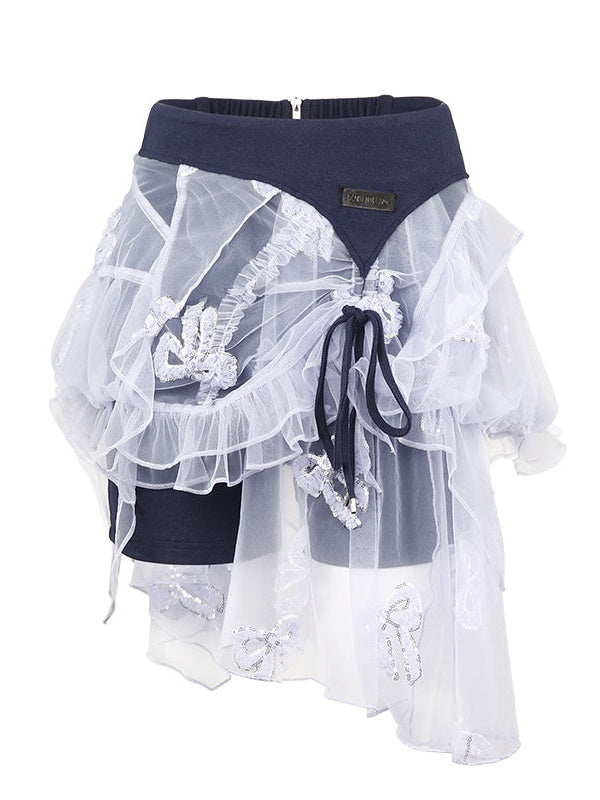 Embroidery Slim Short T-shirt ＆ Camisole & Ribbon Culottes ＆ Bubble Skirt