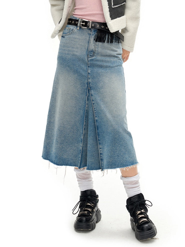 Accordion Hem Raw Edge Denim Skirt