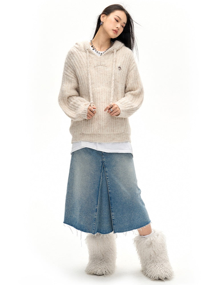 Accordion Hem Raw Edge Denim Skirt