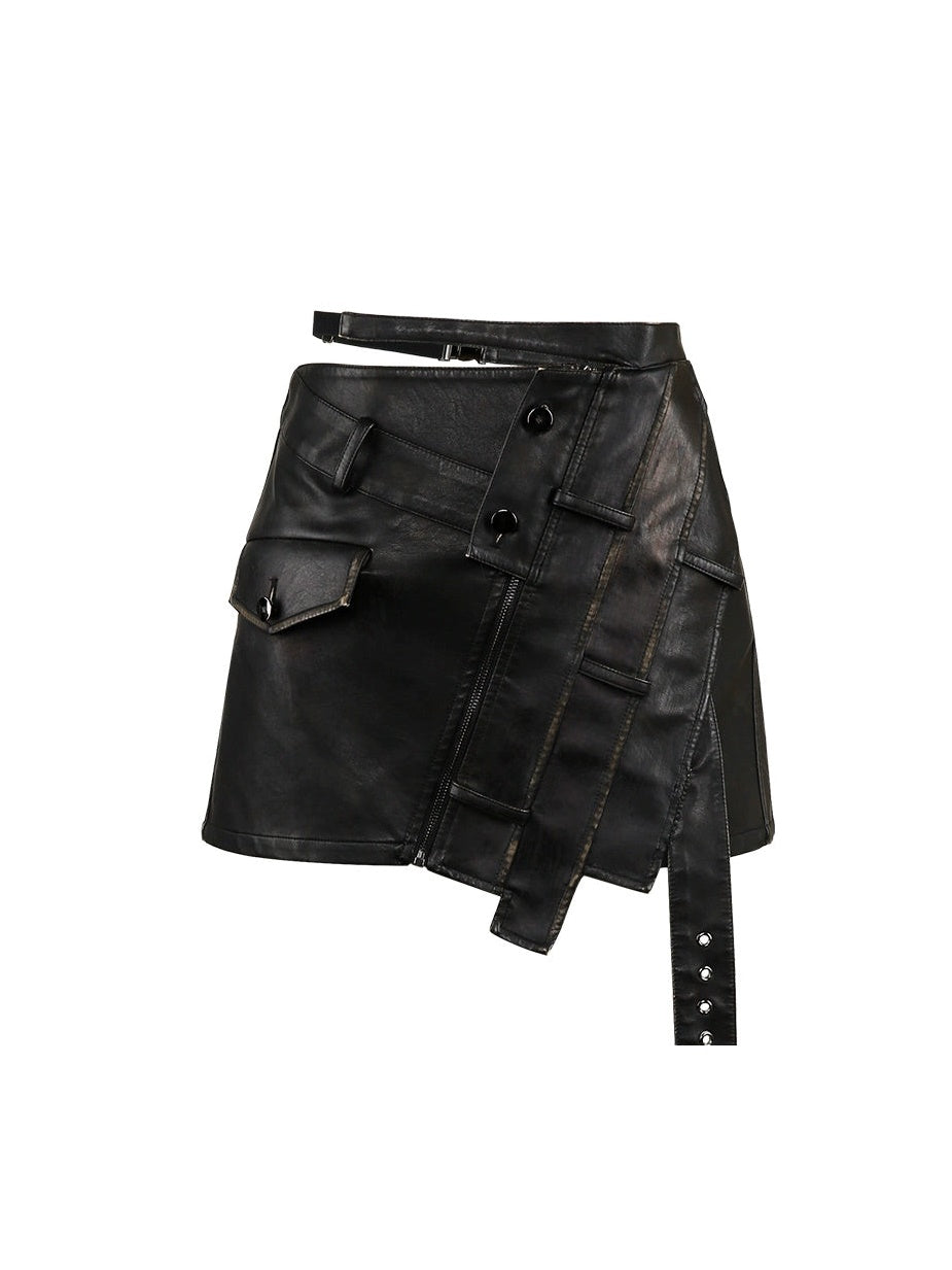 Distressed Slant Zip Leather Skirt