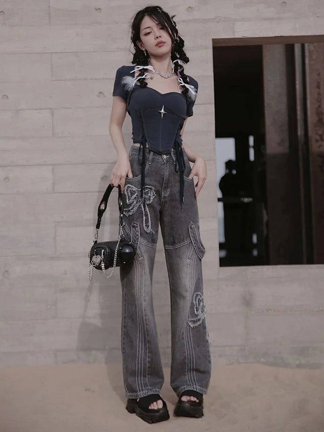 Butterfly Embroidered Jeans & Denim Skirt