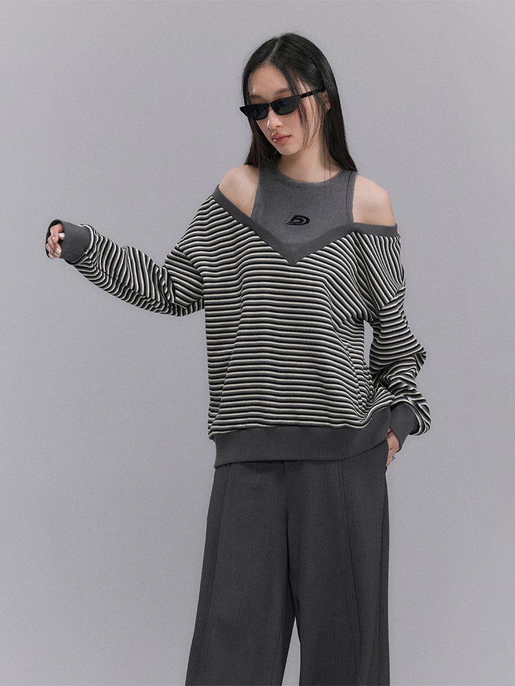 Striped Cut-Shoulder V-neck Pullover