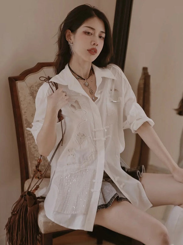 Chinese Style Sequin Print Shirt