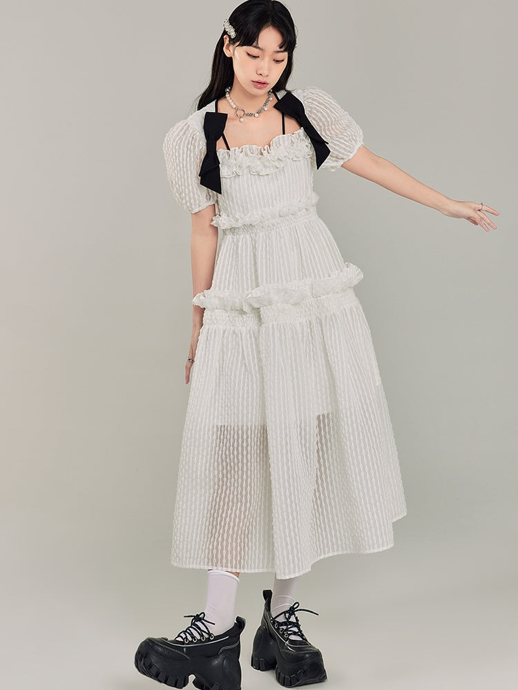 Puff Sleeve Bow Mesh Long Dress