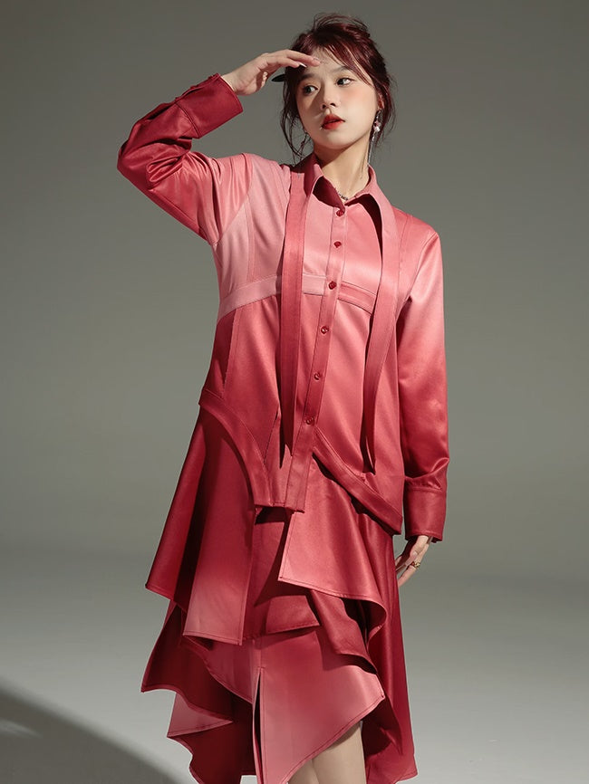 Gradation Detachable 2way Shirt Dress ＆ Knitted Vest