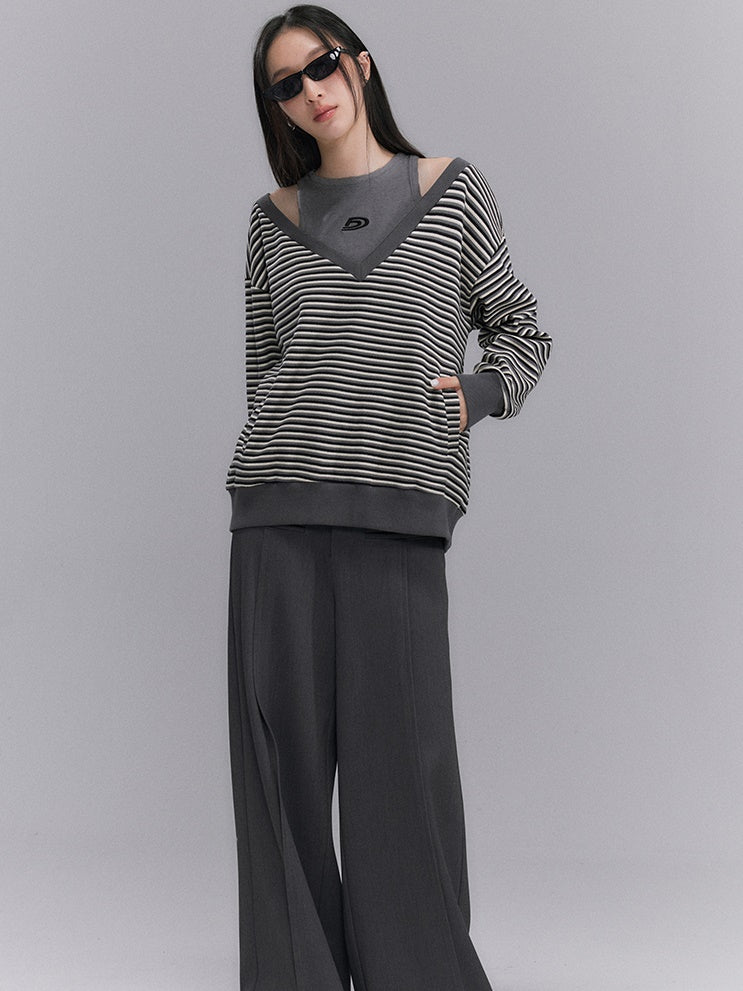 Striped Cut-Shoulder V-neck Pullover