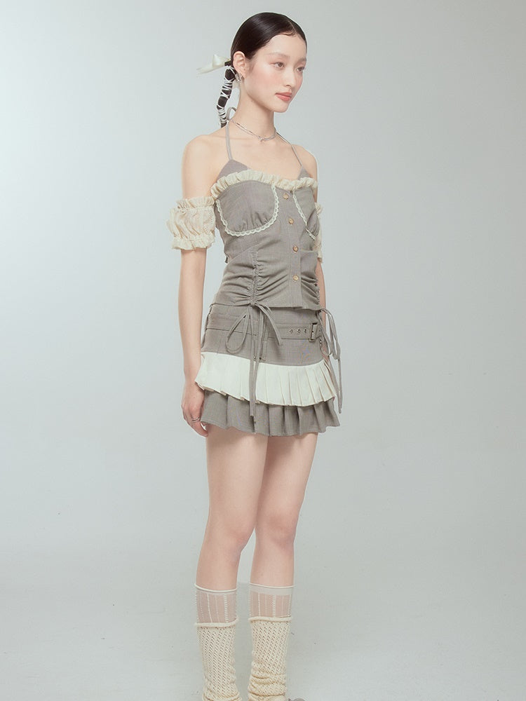 Halter Neck Suspender Top & Short Pleated Cake Skirt