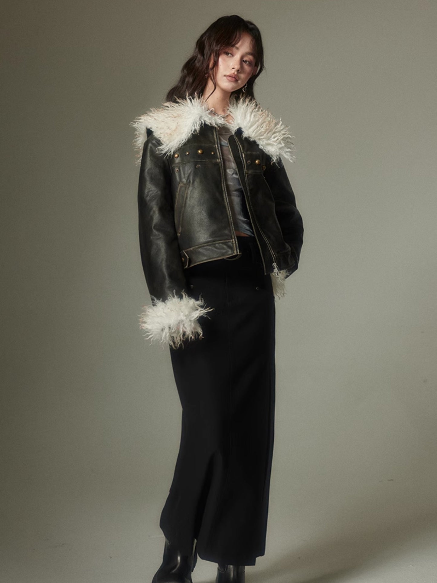 Furry Lapel Leather Jacket