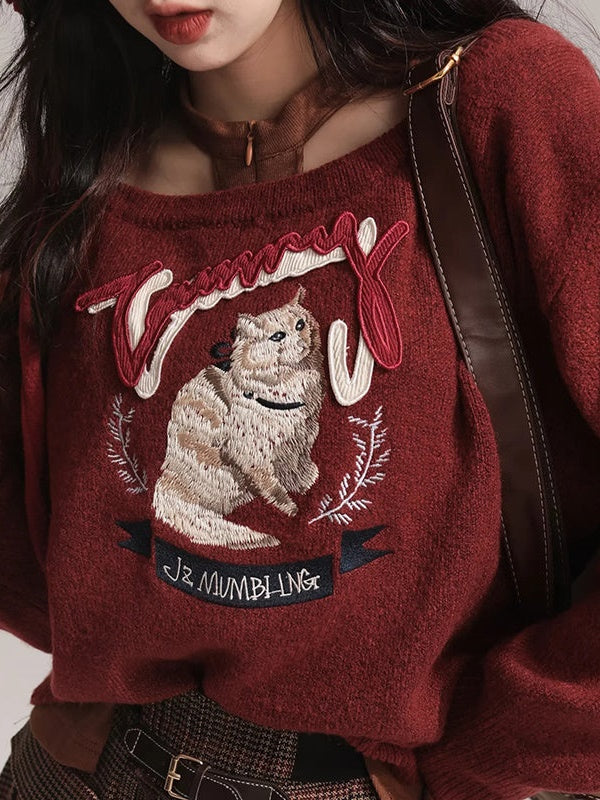 Cat Embroidered Wool Sweater