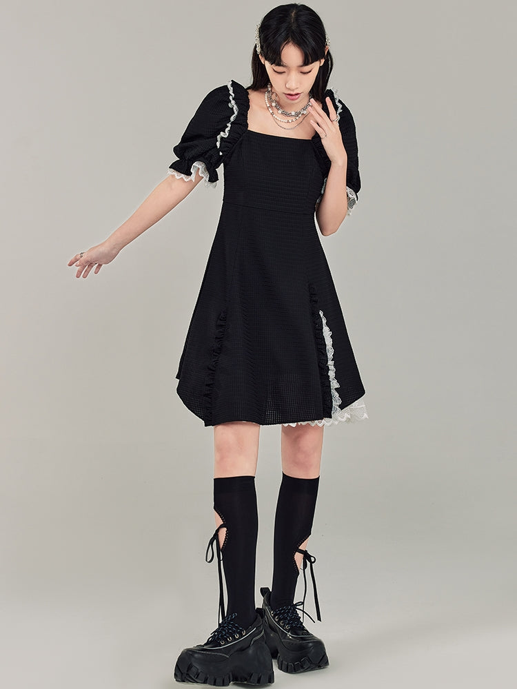 Square Neck Puff Sleeve Black Dress