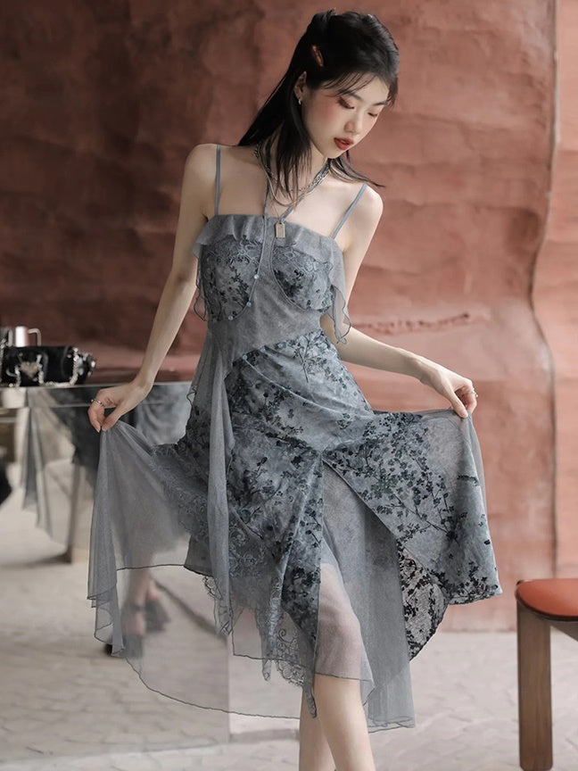 Velvet Flocking Irregular Hem Suspender Dress