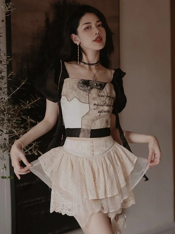 European-style Lace Embroidery Top ＆ Pleat Skirt