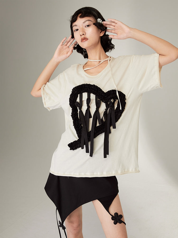 Love Lace Bandage Bow Loose T-shirt