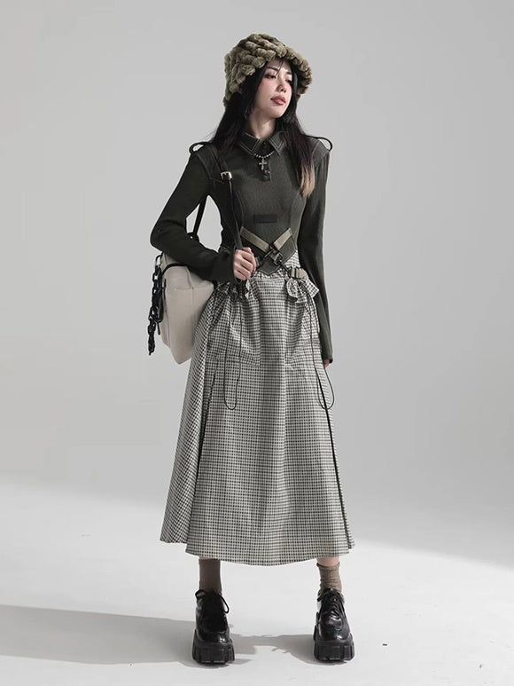 Plaid LongDress & Strap Design Jacket