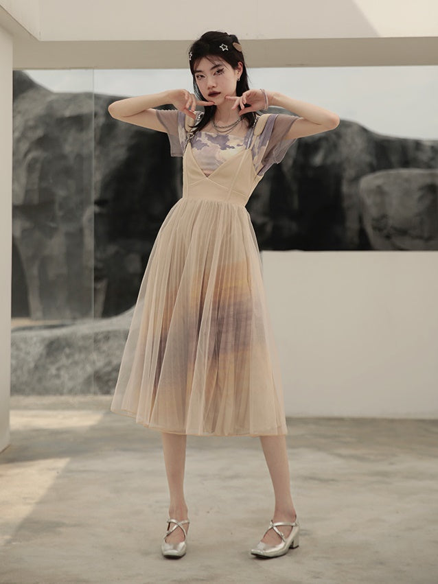 Print Cropped Top & Suspender Tulle Skirt