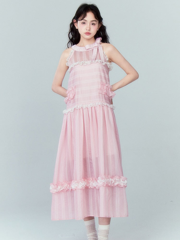 Ruffled A-line Ribbon Hanging Neck Cake One-piece