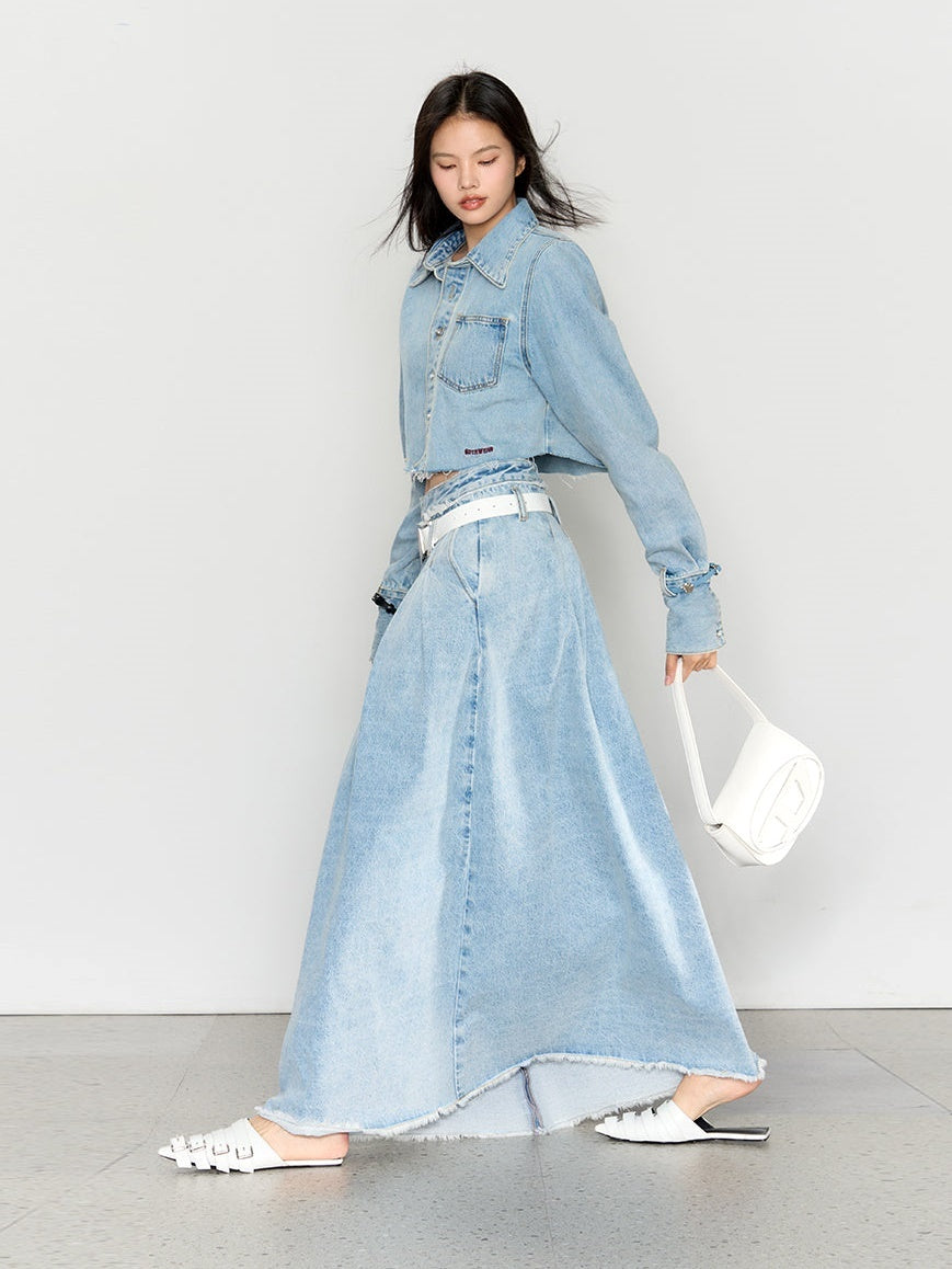 Large Pleated Washed Denim Skirt