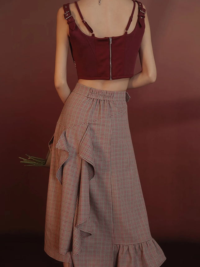 Suspender Top & Plaid Frill Skirt