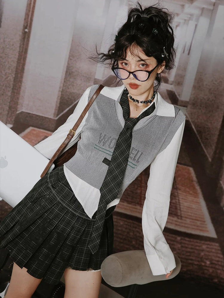 College British Style Shirt ＆＆Vest & Pleated Culottes ＆ Jacket