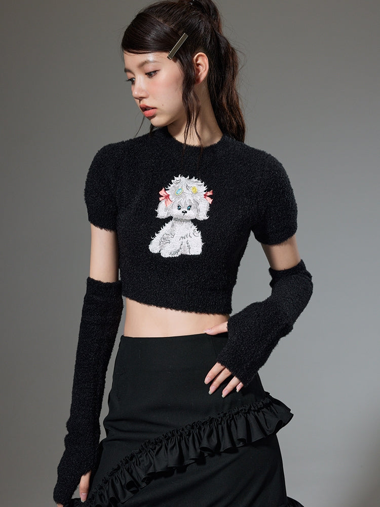 Puppy Embroidered Short Sleeve Knit Sweater