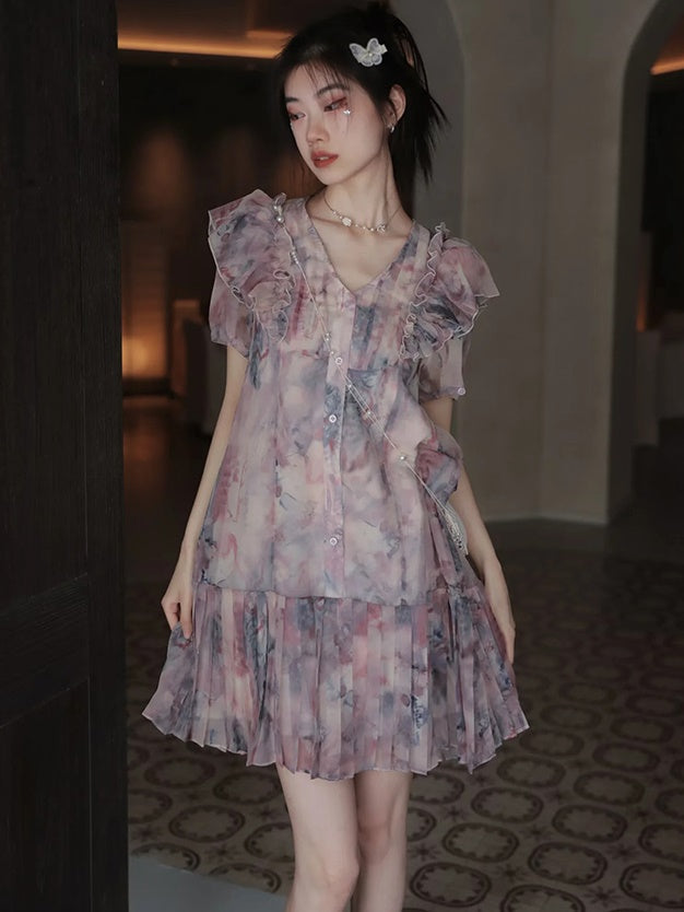 Oil Painting Printed Suspender Dress ＆ Mesh Pleat Dress ＆ Shirt Cardigan