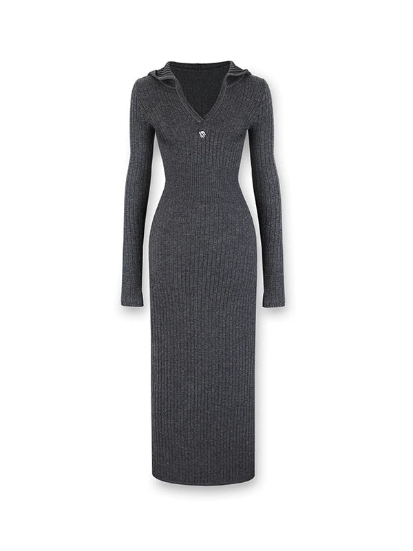 Slim Fit Hooded Knitted Long-sleeved Dress