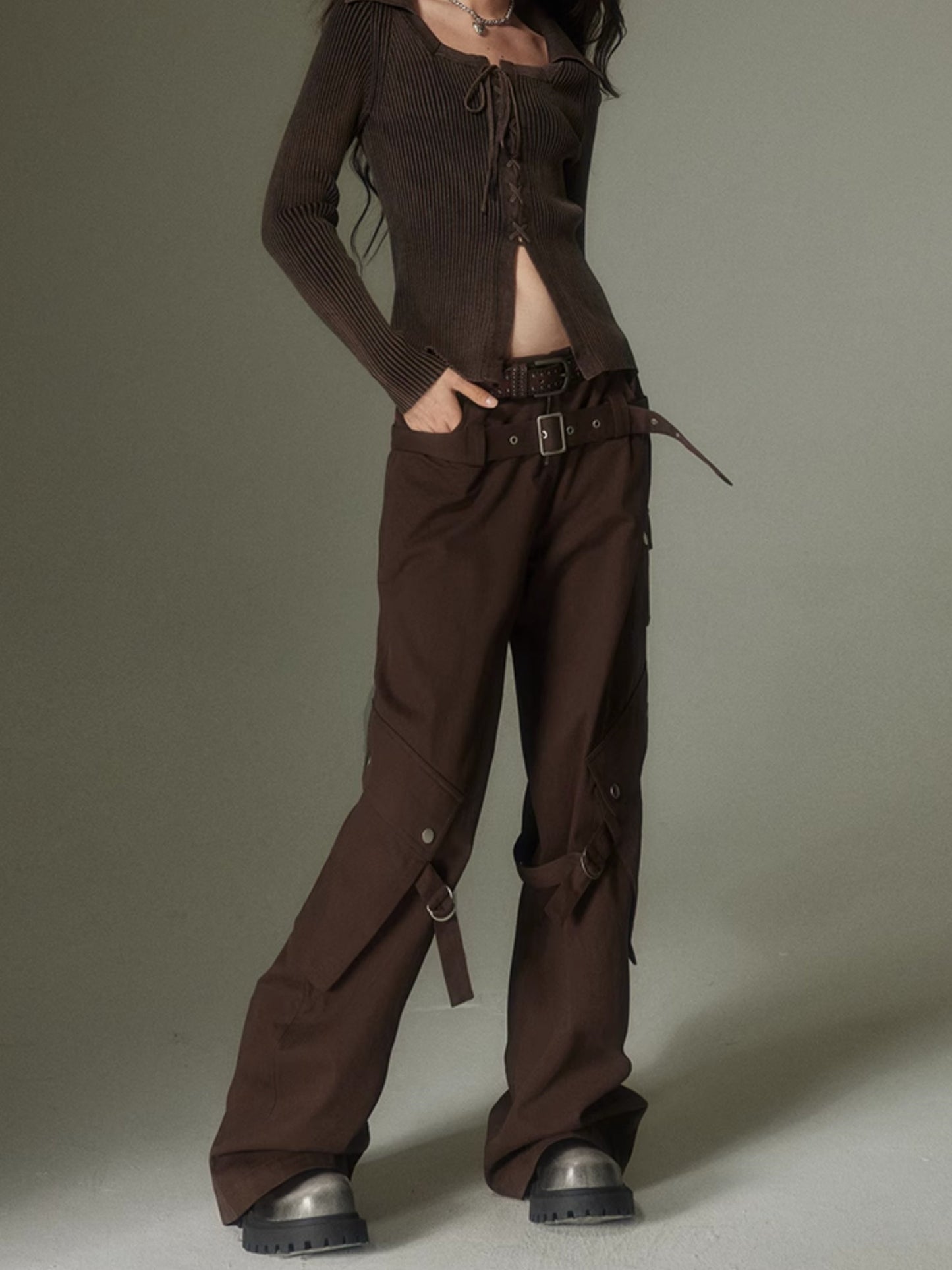 Double Belt Loose Straight Wide Leg Trousers