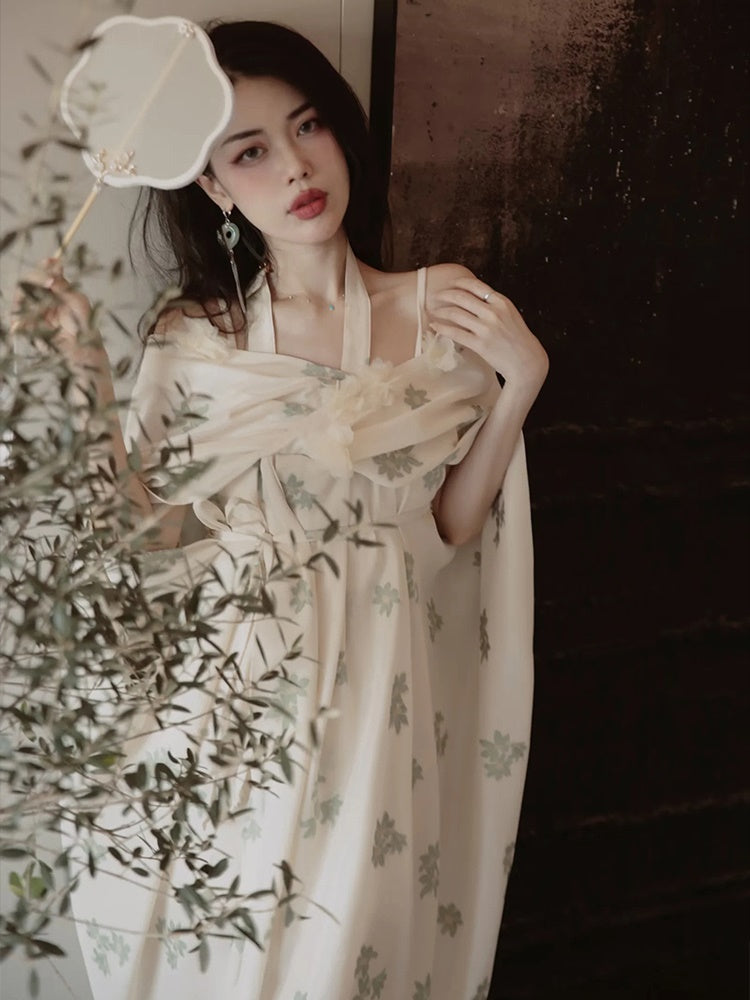 Floral National Style Shawl Dress & Inner One-piece Set-up