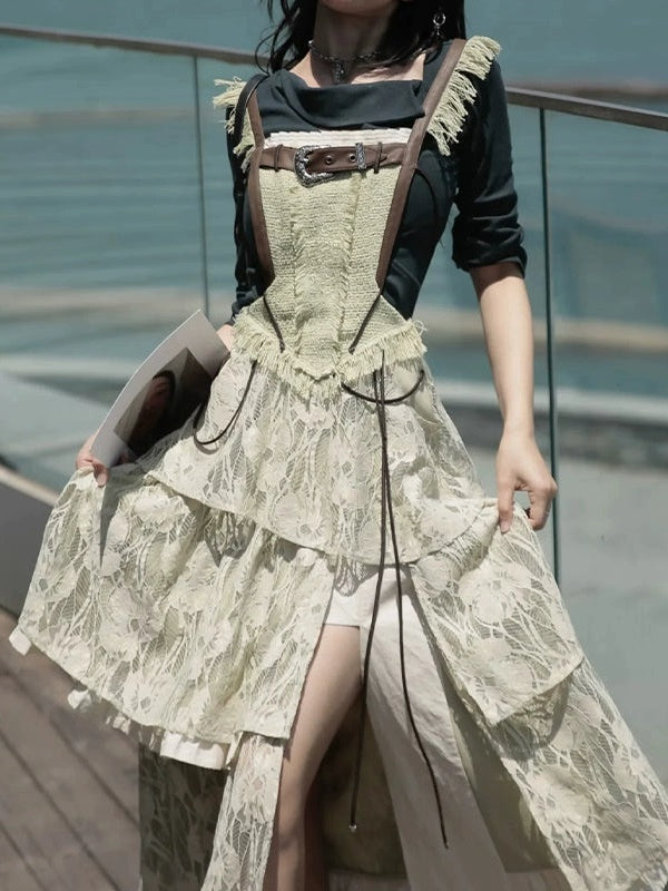 Lace Asymmetry Suspender Skirt & Cut-out Slimming Top