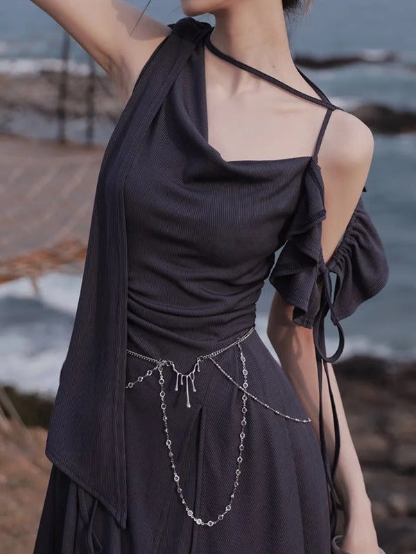 Structured One-Shoulder Elastic Knit Dress