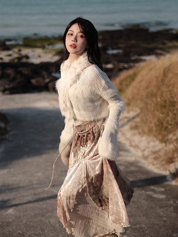 Fluffy Cropped Sweater & Imitation Fur Scarf