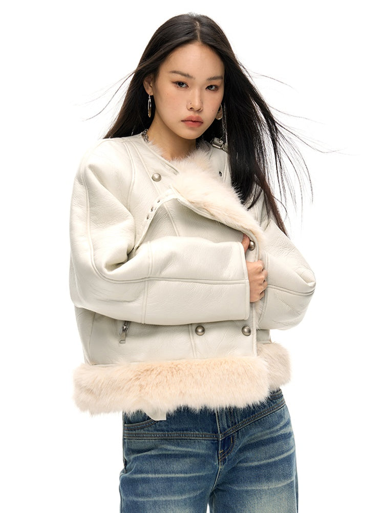 Large Lapel Eco-friendly Fur Leather Jacket