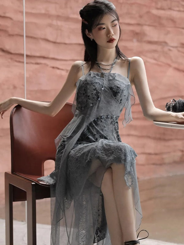 Velvet Flocking Irregular Hem Suspender Dress