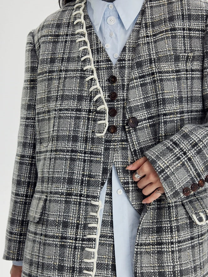 Woven Plaid No-Collar Jacket ＆ Vest ＆ Pleated Skirt