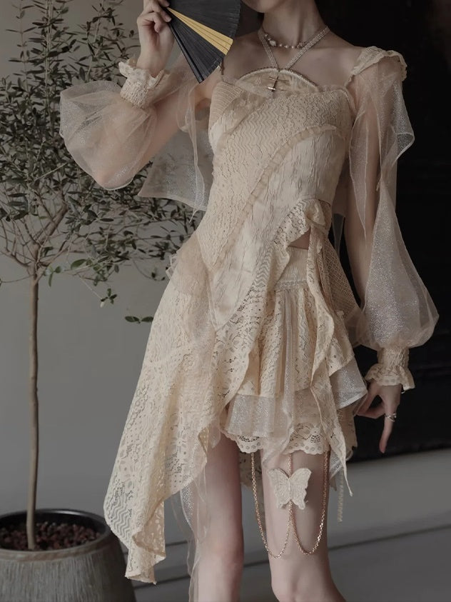 Lace Asymmetry Long Camisole Top ＆ Cake Culottes Skirt & Shawl Top