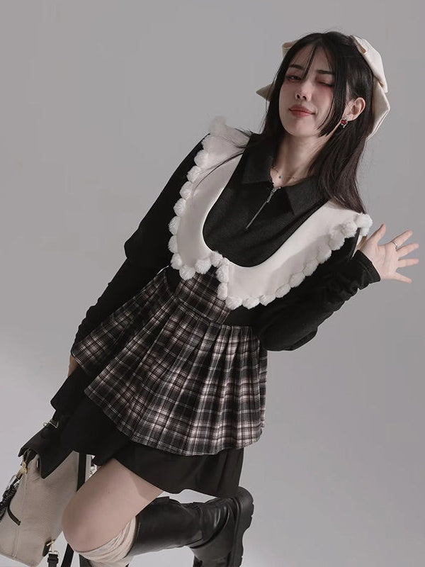 Fake Two Doll Collar Wool Plaid Dress