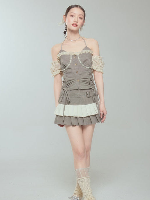 Halter Neck Suspender Top & Short Pleated Cake Skirt