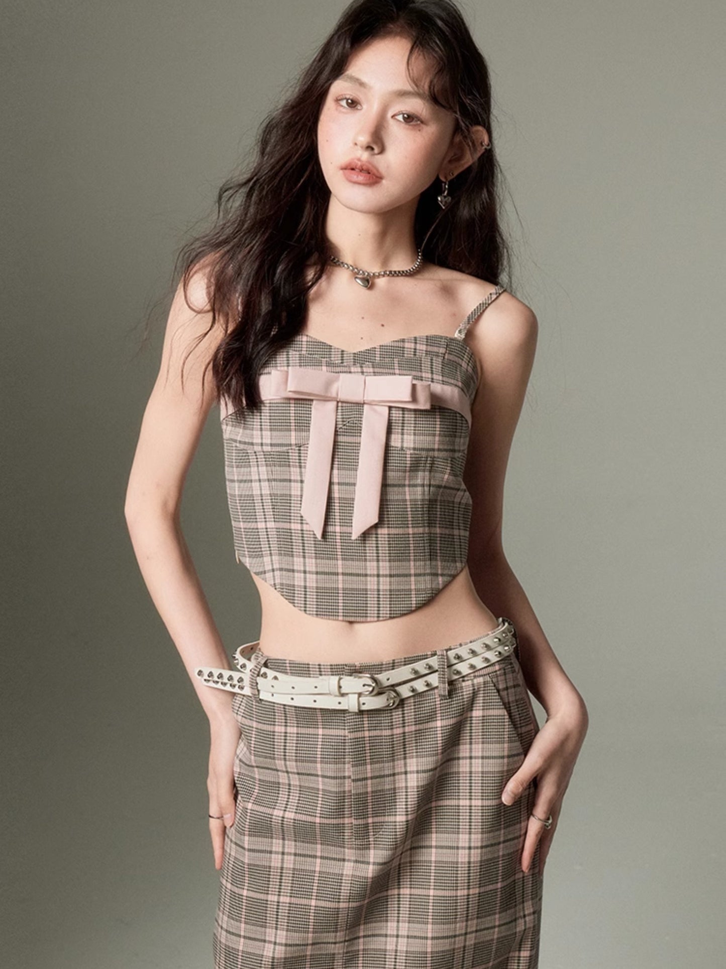 Plaid Bow Cropped Camisole ＆ Long Skirt