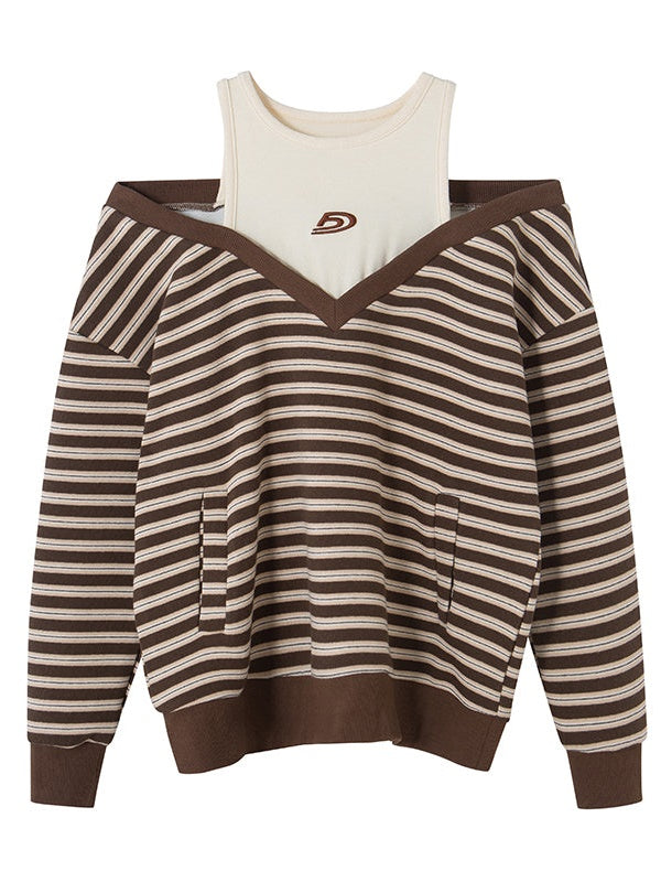 Striped Cut-Shoulder V-neck Pullover